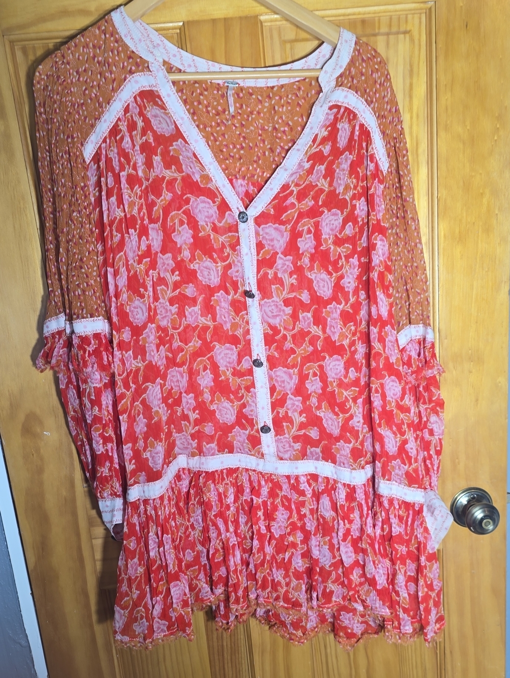 Free People Orange and Pink Floral Swing Top Large